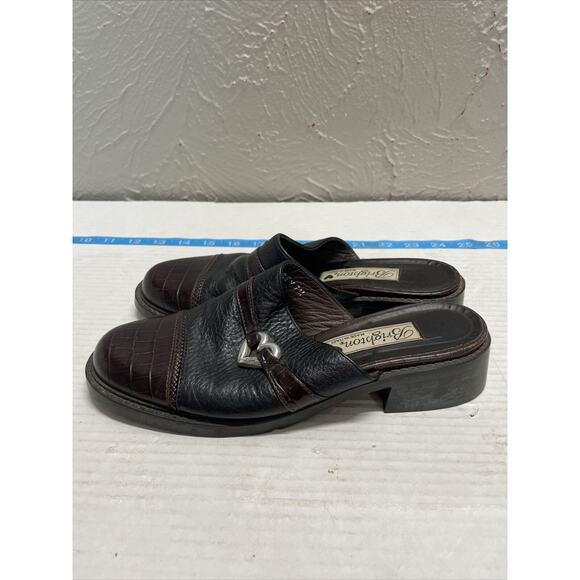 Brighton Kelsey Heart Black Brown Leather Slip On Mules Italy Womens Size 7M - Picture 2 of 5